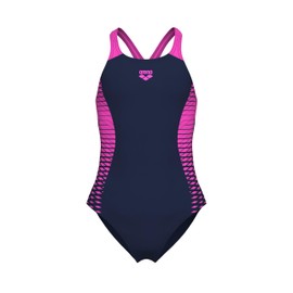 ARENA Girls' Standard Feel Openings V Back Athletic One Piece Sun Protection Swimsuit, Navy/Shocking Pink