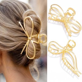 Pecieco Gold Bow Hair Claw Clips Fancy Large Metal Hair Clips Minimalist Big Claw Clips Accessories for Women (2 Pack)