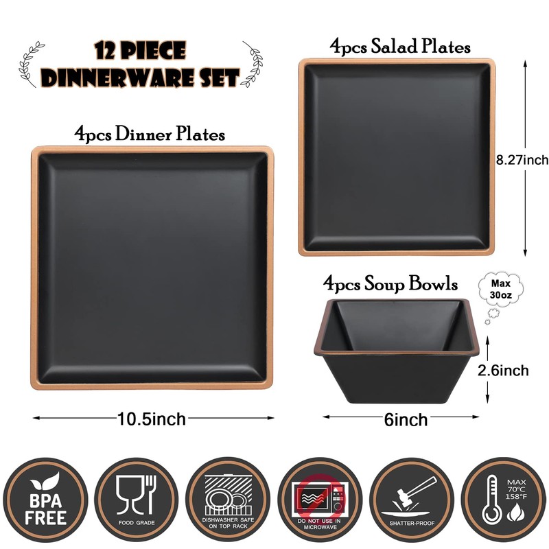 Gofunfun Melamine Dinnerware Sets Service for 4, Square Dinner Plates