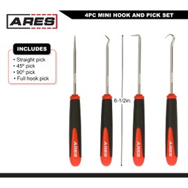 ARES 10034 – Mini Hook and Pick Set - 4-Piece Set Includes Angled, Straight, and Full Hooks and Picks - Hardened Steel Shafts - Easily Remove Hoses, O-Rings, and Gaskets