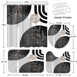 Tayney Black and Grey Boho Mid Century Shower Curtain Set with Toilet Lid Cover and Non-Slip Rugs, Abstract Geometric 4 Pcs Modern Minimalist Vintage Shower Curtain for Bathroom Set with 12 Hooks