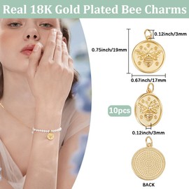 Beebeecraft 1 Box 10Pcs Gold Bee Charms 18K Gold Plated Honeybee Round Flat Charm for Jewelry Making Earring Necklace DIY Crafts