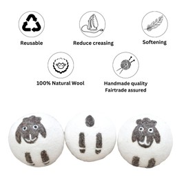Pachamama Handmade XL Wool Tumble Dryer Balls 7cm 3 Pk Reduce Drying Time Save Energy Fabric Soften Reduce Static Reduce Wrinkles Unscented Long Life - Cute Sheep Pattern Felted by Hand Fair Trade