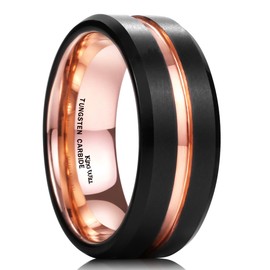 King Will DUO Mens 8mm Black Matte Finish Tungsten Carbide Ring 18K Rose Gold Plated Beveled Edge Wedding Band 11