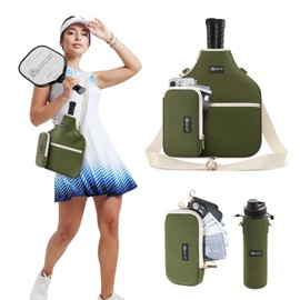 Pickleball Bag Adjustable Crossbody Bag lightweight Pickle Ball Paddle Bag Equipment Single Racket Bag- Holds Paddles, Balls, Accessories with Water Bottle Bag and wallet for Men and Women (Green)