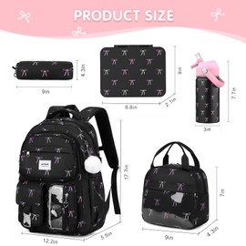 ACESAK Girls Backpack for School Set, 5PCS Laptop Backpack for Teen Women, Kids Leakproof Bento Box, Insulated Water Bottle, Lunch Bag & Pencil Pouch, Back To School Gift (Black Bow)