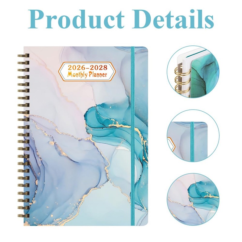 2026-2028 Year Planner, Waterproof Hardcover Organizer with Gold Marble Design