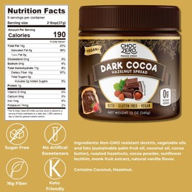 Vegan Cocoa Hazelnut Spread by ChocZero - Keto Friendly, Sugar Free Dessert and Keto Bread Topping -  Low Carb Chocolate (1 jar, 12 oz)
