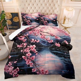 CCoutueChen Pink Cherry Blossom Comforter Set King Women Black Floral Bedding Japanese Style Comforter Aesthetics Botanical Flowers 3Pcs Soft Lightweight Bedroom Decor Quilt Set