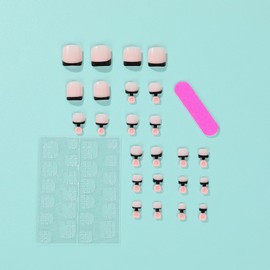 Navy Blue Fake Toe Nails, 24PCS Black Pink Short Square French False Toenails,Removable Reusable Artificial Nails,Full Cover Acrylic Toe Nail Art Tips for Women (Black Pink French, One Size)