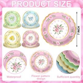 Fairooth 48 PCS Floral Paper Plates Disposable Tea Party Plates Set 7 Inch Flower Theme Dessert Plates for Tea Party Baby Shower Bridal Shower Birthday Wedding Supplies