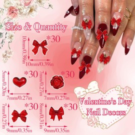 BELICEY 150Pcs 3D Bow Nail Charms Red Acrylic Bow Heart Flower Charms for Nails Cute Kawaii Nail Charm for Valentine's Day Women Manicure DIY Crafts Jewelry Accessories