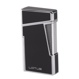 Lotus Apollo Cigar Lighter with Double Wind-Resistant Torch Flames, All Metal Housing, Integrated Cigar Punch, Large Flame Adjuster (Black Lacquer & Polished Chrome)
