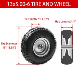 LTNICER (2-Pack) 13x5.00-6 Lawn Mower Tires,13 Inch Tire & Wheel Assembly- 3/4" & 5/8" bushing, 3" Centered Hub,Replacement for lawn and Garden Turf mowers