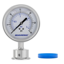 MEASUREMAN 0-30 PSI Sanitary Pressure Gauge - Liquid Filled Stainless Steel for Brewery & Food Processing, 4" Dial with 1.5" Tri-Clamp Bottom Mount