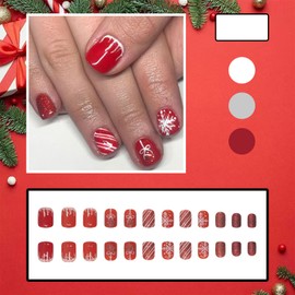 24Pcs Christmas Red Nails Press on Nails Short Square Fake Nails with Designs White Snowflake Bow Snowball Candy Glitter Stripe Glue on Nails Winter Snowflake Acrylic Nails for Women Girls Xmas Nails