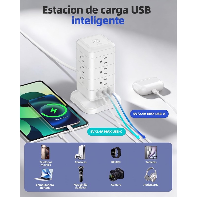 LUKITO Regleta Torre Multicontacto con Luz Nocturna, Extension Electrica 3M,Conector