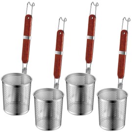 Tessco 4 Pcs Pasta Strainer, 5.9'' x 6.3'' Stainless Steel Pasta Basket Mesh Cooker with Wood Handle, Spider Strainer Kitchen Skimmer for Food Dumpling Noodle Blanching(Dark Color)