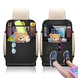 2 Universal Protector de Asiento Trasero, Funda de Asiento Trasero para Niños con Organizador de Almacenamiento de 3 Bolsillos y Soporte de Pantalla Clara, Impermeable y Fácil de Limpiar (Negro)