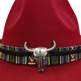 Yosang Wide Brim Men and Woman's Western Outback Cowboy Hat with Metal Bull Head Dark Red