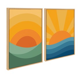 Kate and Laurel Sylvie Sunshine 1 and 2 Framed Canvas Wall Art Set by Carrie Cantwell; 2 Piece Set 23x33 Natural; Modern Colorful Sun Art Set for Wall