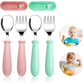 4 Unidades de Tenedor y Cuchara, Utensilios para Niños, Cubiertos de Acero Inoxidable para Niños, Acero Inoxidable y Silicona de Grado Alimenticio, Apto para Niños Mayores de 4 Años (SET1)