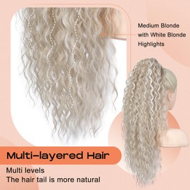 SEIKEA Highlight Drawstring Ponytail Extension, PT005 Isabella 26" Long Bohemian Curly Pony Tail Multi Layered Light Soft Clip in Hair Extensions Ponytail Medium Blonde White Blonde Highlights