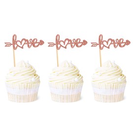 Ercadio 24 Pack Rose Gold Love Cupcake Toppers with Arrow Glitter Sweet Valentine's Day Cupcake Picks Decorations for Wedding Engagement Bridal Shower Birthday Valentine Theme Party Supplies