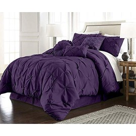 HNU 7 Piece Pintuck Comforter Set Queen, Pinch Pleated Classic Contemporary Elegant Textured Decorative Purple Bedding Warm Soft Cozy Comfy Microfiber Fabric