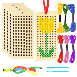 Wooden Bookmark Cross Stitch Kits, 5 Pack Embroidery Starter Kit Embroidery Set Cross Stitch Bookmark Kits with Cross Stitch Frame, Needles, Threads, Ribbons for Kids Beginners DIY Project Art Craft