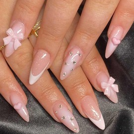 Hkanlre French Press on Nails Medium Fake Pink Bow Nails Tips Full Cover False Almond Nails for Women and Girls 24PCS