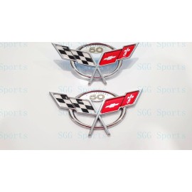 AUTO 2PC 1997-2004 C5 Corvette Chrome Front Rear 50Th Anniversary Cross Flags Emblems