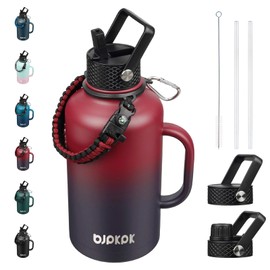 BJPKPK Half Gallon Insulated Water Bottles with Straw Lid & Side Handle, 50oz, 64oz, 87oz, 128oz Large, Stainless Steel Water Bottles with 3 Lids and Paracord Strap, Metal Water Jug,Charming Black Red