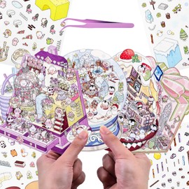 4 Sets DIY 3D Fun Mini House Scenes Stickers with Tweezers Make Your Own Delicious Smoothie Crystal Ball Painting Gift Box Stickers Scenes Cute Micro Room Stickers for Relief Stress Pass The Time