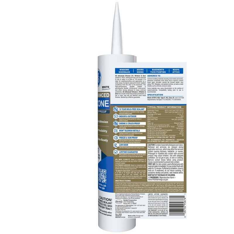 GE Advanced Silicone Caulk for Window & Door, White, 10