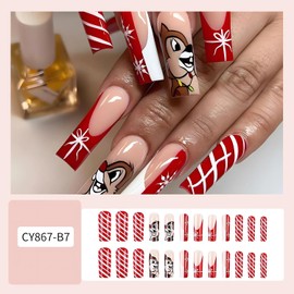 Christmas Press on Nails Long Square Fake Nails Full Cover Snowflake Bow Stripe Glue on Nails Glossy Red White Christmas False Nails with Cute Squirrel Designs Long Stick on Nails for Women 24Pcs