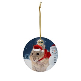 Festive Winter Night Pet and Snowman Ornament - Siberian Hamster Christmas Ornament Circle Ceramic - Funny Holiday Xmas Tree Decoration Gifts for Hamster Lovers