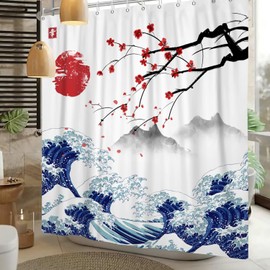 Xiaoterna Kanagawa Traditional Japanese Painting Shower Curtain Large Wave Shower Curtain Red Cherry Blossoms and Sun Japanese Mountain Landscape Anti Mould Waterproof Bathroom Curtain 120 x 200 cm