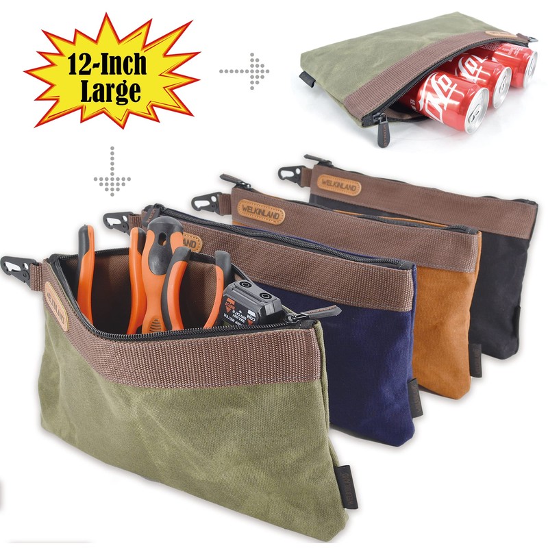 WELKINLAND Heavy-Duty Canvas Tool Pouch - 4PCS, 12" Waxed Canvas