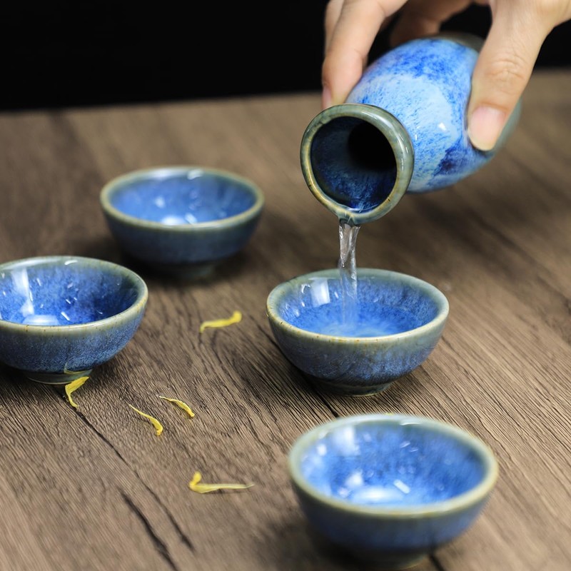 Sizikato 5-Piece Kiln-Change Ceramics Sake Set Include 1PCS Sake Bottle