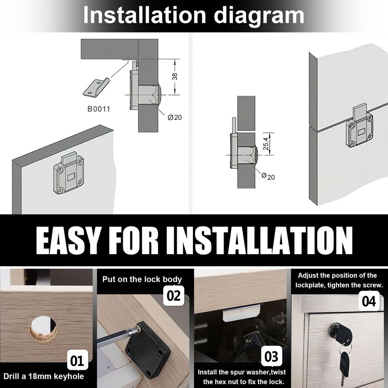 Desk Drawer Lock, 2 Pcs Cam Cupboard Locks with Key,