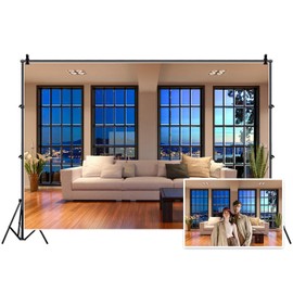AOFOTO 6x4ft Business Office Window View Backdrop French Sash Modern Living Room Interior Sofa Casement Photography Background Work at Home Nightscape Wooden Floor Furniture Video Studio Props Vinyl