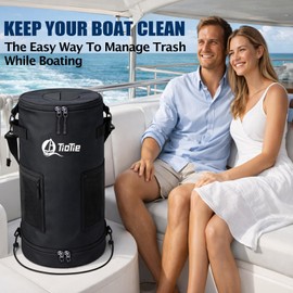 TioTie Boat Trash Can with 5.5in PVC Cross Opening, Large 26" Marine Garbage Bag for Pontoon, Fishing & Kayak Boats, 1680D Waterproof/Windproof Boat Trash Bag with Storage Pockets (Black)