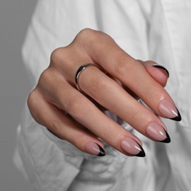 KQueenest Black French Tip Press On Nails Short Almond, 30 Pcs Acrylic Press On Nails With Glue, Glossy Soft Gel Short Fake Nails Press ons, Reusable Natural Nude Glue on Nails for Women Fall Winter