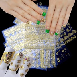 Gold Nail Art Stickers, Holographic Flowers Leaf Butterfly Lace Geometry Animal Nail Self-Adhesive Sticker Design, 3D Gold Nail Art Decals for Women Girls Manicure Glitter Decoration Transfer Decal