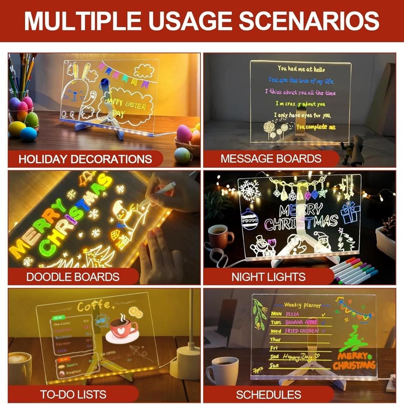 LED Message Board 7 Colors Pen,Acrylic Erase Board with Light,Glowing