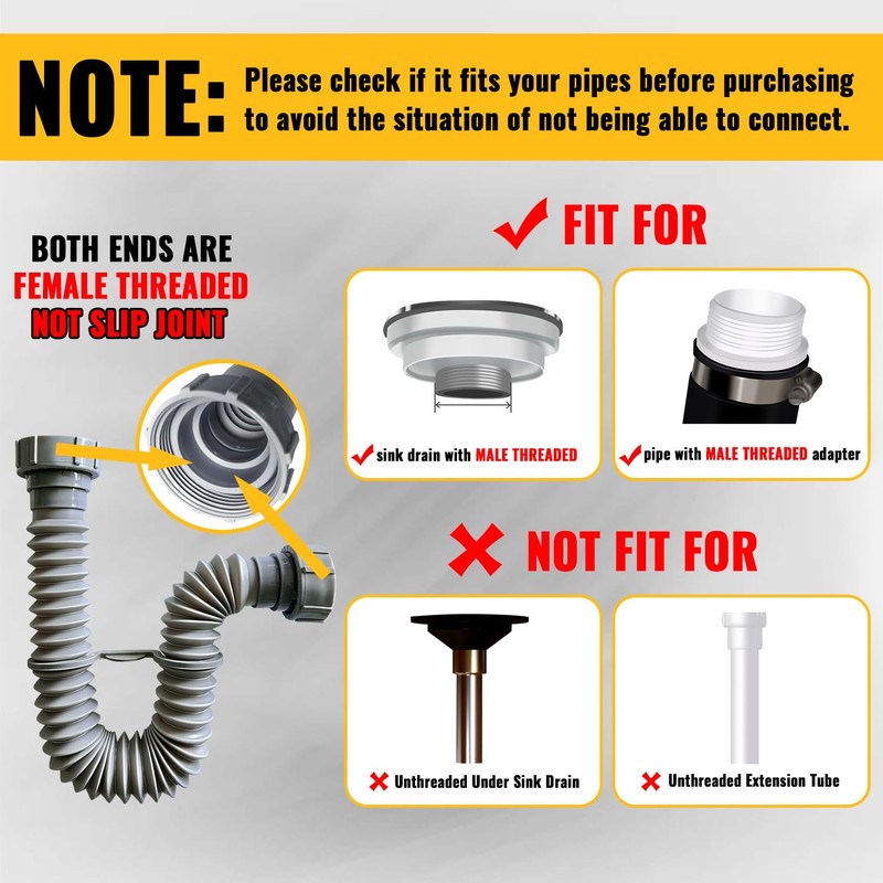 VIVIDA Sink Drain Pipe 1-1/2", Flexible Drain Pipe, 7.5"-17.7" Expandable