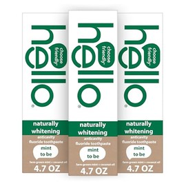 Hello Naturally Whitening Fluoride Toothpaste, Natural Peppermint Flavor and Tea Tree Oil, Peroxide Free, Gluten Free, SLS Free, 3 Pack, 4.7 OZ Tubes