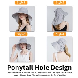 Sun Hat for Women with Neck Flap Ponytail Hole Women Sun Hat Rollable UV Protection Fishing Hat Wide Brim UPF 50+(Black+Green)