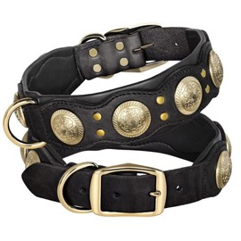 PET ARTIST Genuine Leather Dog Collar for Medium Dogs, Heavy Duty Dog Collar with Stylish Rivet Studded & Strong Metal Buckle, 2 inch Wide Dog Collar Adjustable for Pit Bull Great Dane Fit 16-19"